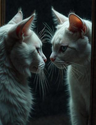 The primary subject of the image is a white cat with long whiskers, looking at its reflection in a mirror. The cat is positioned in the foreground, and the mirror is located in the background. The visual style of the image is a photo, capturing the cat's unique features and the reflections in the mirror. The colors and mood of the image are predominantly white, creating a calm and serene atmosphere.